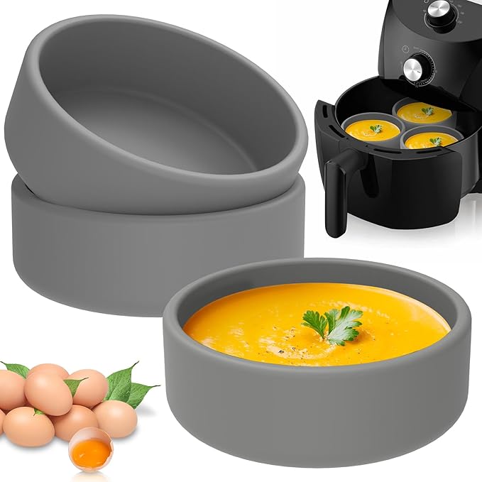 3Pcs Silicone Air Fryer Molds - 4-Inch Air Fryer Pan, Microwave Poacher, Dishwasher Safe Egg Cups - Nonstick Reusable Cooker Accessories (3Pcs-Grey)