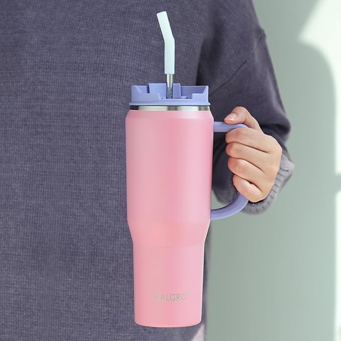 EALGRO 40 oz Tumbler with Handle, Insulated Tumblers with Lid and Straw, Large Metal Sports Water Bottle Jug, Thermal Stainless Steel Travel Coffee Mug Cup, Blush