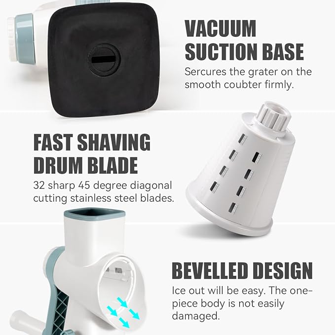 Rotary Ice Shaver with Handle Manual Hand Crank Snow Cone Maker Machine Qucik Shaved Ice Maker with Suction Feet, All Ice Cubes Fitted.Premium Portable Ice Crusher and Shaved Ice Machine.