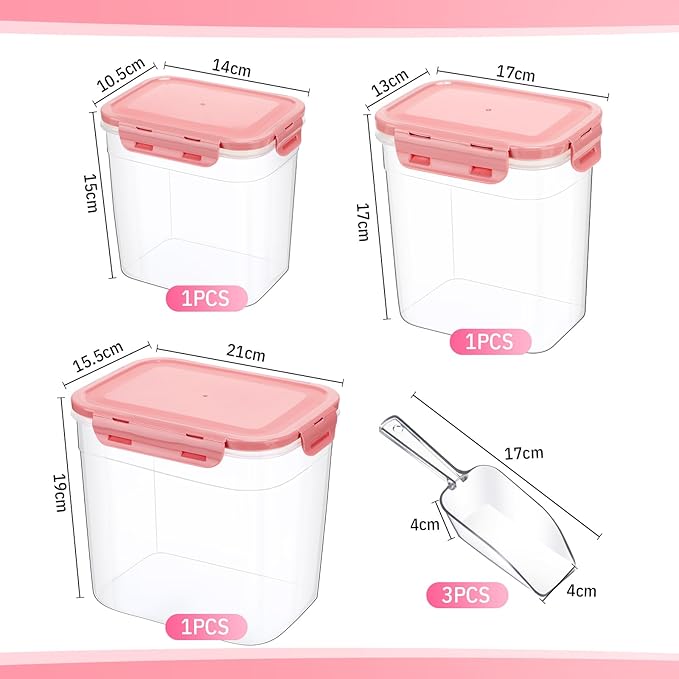 Patelai 6 Pcs Dog and Cat Food Storage Containers with Scoops Set Plastic Pet Food Storage Containers Stackable Airtight Dry for Kitchen 1.27 Qt, 2.4 Qt, 4 Qt(Pink)