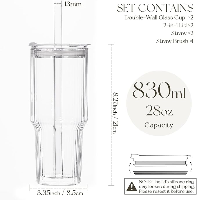 KEMORELA 28 oz Double Wall Glass Tumblers Set of 2, Extra-Wide 13mm Reusable Drinking Straws, Boba Tumbler, Wide-Mouth Water Cups for Iced Coffee, Smoothies, Boba & Tea Lovers (Ribbed)
