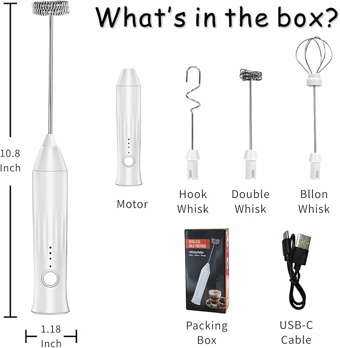 Rechargeable Milk Frother Wand 3 in 1, Handheld Drink Mixer Electric Whisk Stirrer Coffee Foam Frother with 3 Stainless Steel Whisks, 3 Speeds, USB-C Protein Powder Mixer for Cappuccino, Egg, White