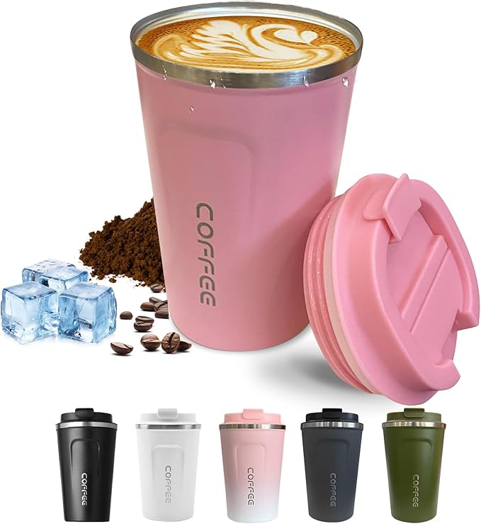 SPLMIFA Travel coffee mugs leak-proof, reusable coffee cups with lids, stainless steel vacuum insulated coffee tumblers, thermal insulation cups for men & women keep drinks hot & cold(2nd-Pink, 12OZ)