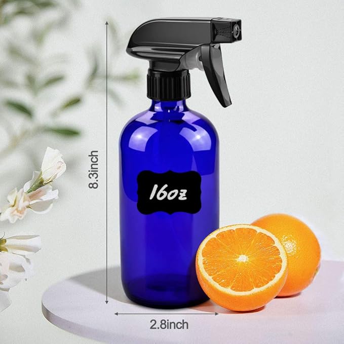 Worldgsb Glass Spray Bottles, 16oz Blue Glass Spray Bottles with Labels & Adjustable Nozzle, Reusable Containers for Cleaning, BBQ, Food, Plants, Alcohol, Essential Oils(3 Pack)