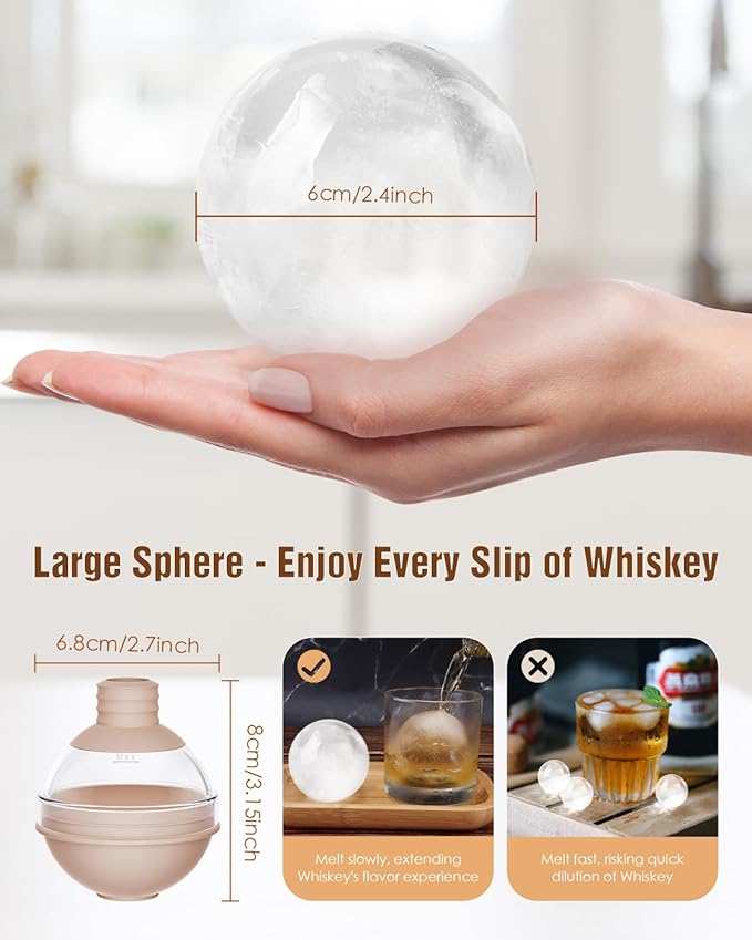 Large Ice Ball Molds for Whiskey & Cocktails with Funnel Lid - Big Sphere Ice Cube Trays for Drinks, Bourbon, and Wine, Silicone Round Ice Maker for Freezer (Set of 4) - Reusable Easy-Release Ice Tray