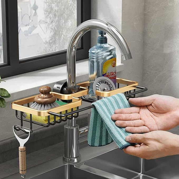 Faucet Sponge Holder Kitchen Sink Caddy Organizer Fit 0.71-1.1 inch Diameter Faucet Hanging Drain Rack for Sink Organizer (Double with Dishcloth Rack, Golden)
