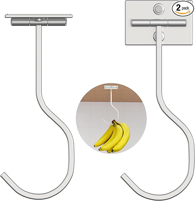 2-Pack Self Adhesive Banana Hook, Metal Banana Hanger Hook,Under Cabinet Hook For Bananas Or Kitchen Items, Foldable Banana Hook, Folds Up With Magnets When Not In Use, Keep Bananas Fresh, Silver