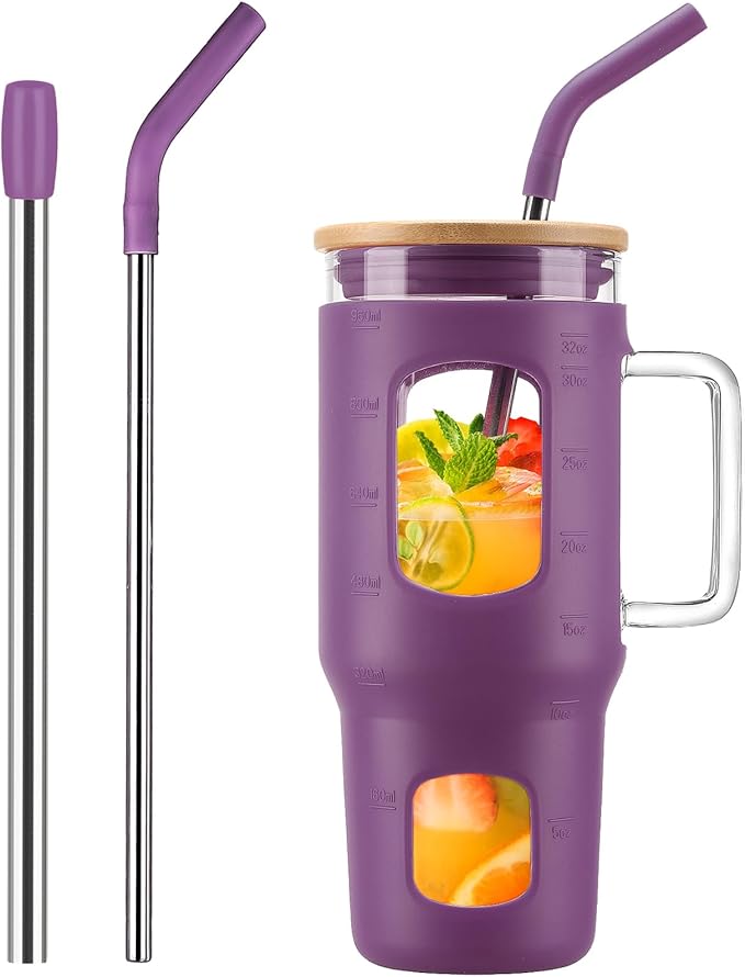 WINSA Glass Tumbler with Straw & Lid, 32 oz Glass Cup with Handle, Water Bottles with Time Marker - 2 Straws & Silicone Protective Sleeve Dark Purple
