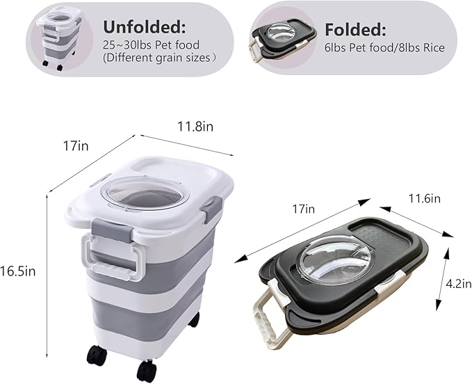 SEWIU 2pack 25 lbs Dog Food Storage Container,Collapsible Dog Food Container with Scoop,Pet/Dog/Cat/Bird Food/Cat litter Storage Containers to Keep Dry,Easy to Move.(Black+white)