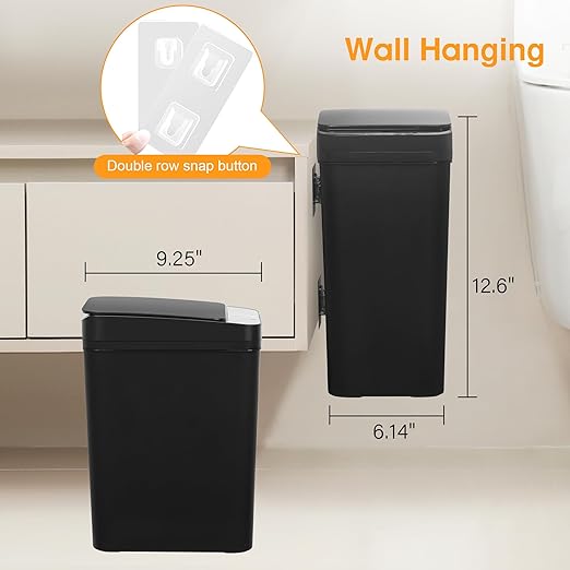 2 Pack Touchless Bathroom Trash Can for Kitchen Hanging Trash Can 2.6 Gallon Automatic Motion Sensor Rubbish Can Narrow Small Garbage Bin for Kitchen, Toilet, Bedroom, RV(Black,Battery)