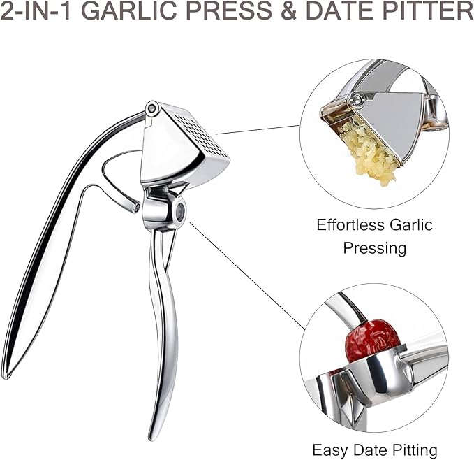 2-Pack Heavy Duty Garlic Press, Hingeless Zinc Alloy Garlic Crusher & Mincer, Ergonomic, Easy to Clean and Dishwasher Safe