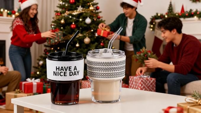 BLUEPOLAR 13oz/400ml Glass Water Tumbler with Straw and Lid Sealed Carry on Thick Wall Iced Coffee Cup for Water, Iced Tea, Fruit Juice (Have a Nice Day)