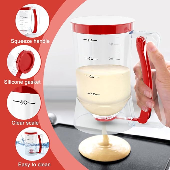 4 Cup Pancake Cupcake Batter Dispense, 900mL Pancake Dispenser With Measuring Label Squeeze Handle Bracket and Silicone brush scraper for Waffles, Muffins, Crepes & Cupcakes(Red)