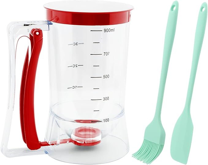 Pancake Batter Dispenser, Cupcake Batter Dispenser with Squeeze Handle & Oil Brush and Scraper, Baking Tool for Precise Portion Control, for Pancakes Cupcake, Waffle, Muffin Mix