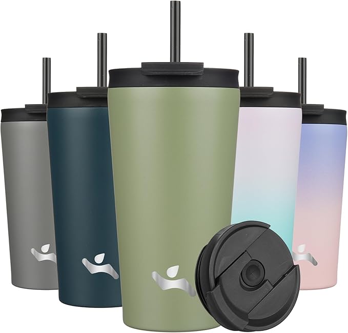 Konokyo 18 OZ Insulated Tumbler with Lid and 2 Straws Stainless Steel Water Bottle Vacuum Travel Mug Coffee Cup,ArmyGreen