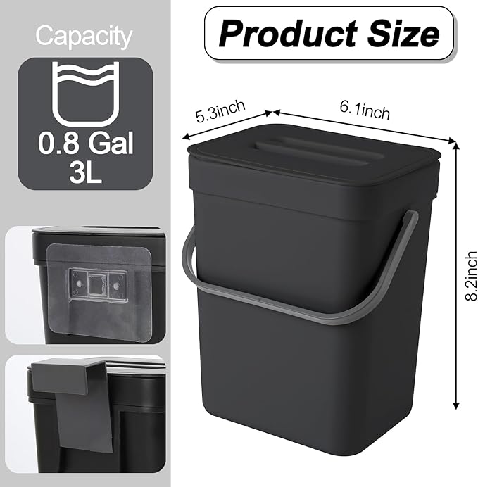 Compost Bin Kitchen, Includes 100 Trash Bags, Hanging Trash Can with Lid, Features Pet-Proof, Odor-Proof, and Quiet Opening/Closing. Suitable for Bathrooms/Bedrooms/Offices (Black, 0.8Gal/3L)