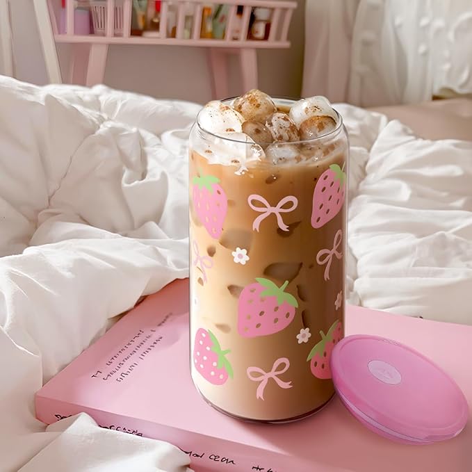 SANDJEST Strawberry 16 Oz Can Glass Tumbler with Acrylic Lid and Straw - Iced Coffee Cups for Women, Aesthetic Glass Cup Gift for Birthday Christmas