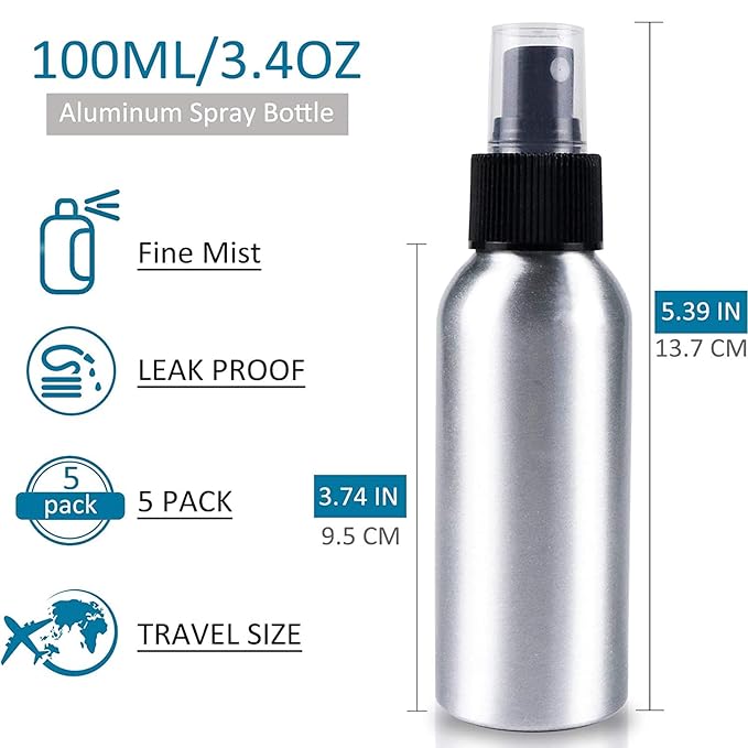 Empty Spray Bottles Travel Size 100ml/3.4oz 5 Pack Small Spray Bottle Aluminum Metal Fine Mist Refillable Atomizer Set with Lids for Liquids Skincare Cosmetic Perfume Storage, with 4pcs Small Funnels