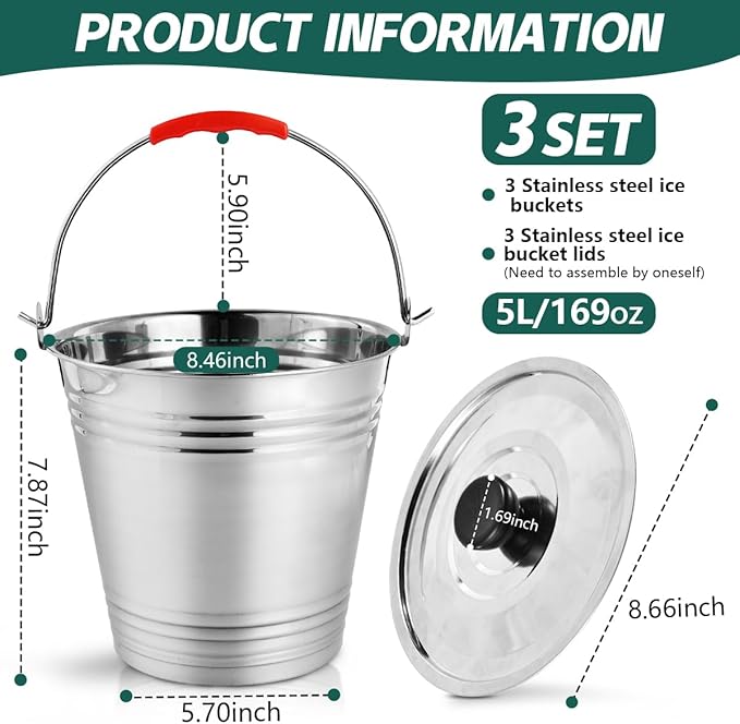 OBTANIM 3 Pack 5L Stainless Steel Metal Ice Buckets Champagne Drink Cooler Storage Ice Pails with Handle and Lid for Party Favors Organizing Home Parties Bar Cooling Supplies
