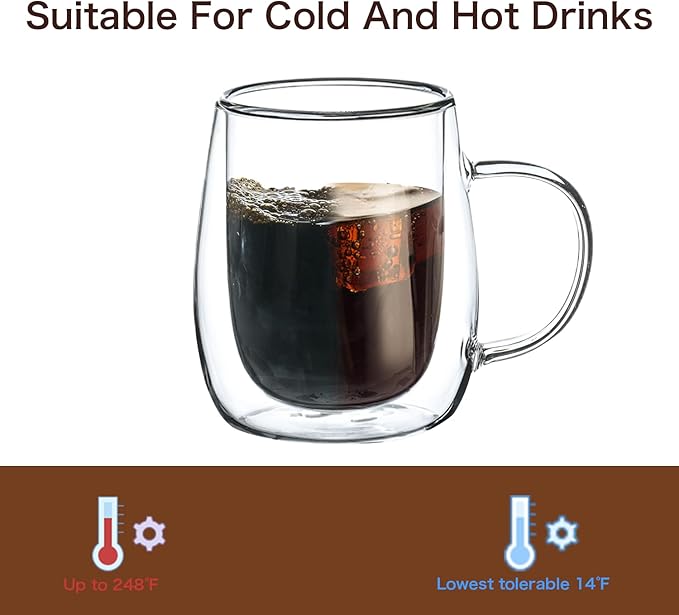 Wlasss Espresso Cups, 7.4oz/210ml Double Walled Glass Coffee Mugs Set of 4, Clear Hand Blown Insulated Glass Coffee Cups with Handle for Espresso, Cappuccino, Latte, Americano, Coffee Lovers Gift