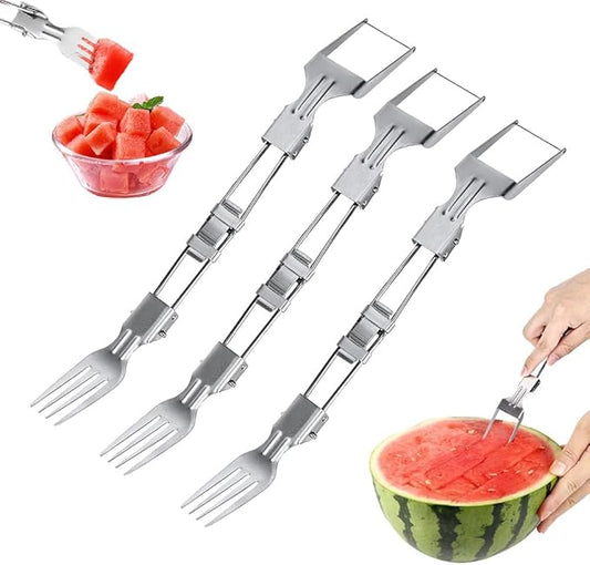 2-in-1 Stainless Steel Fruit Cutter, Watermelon Fork Slicer Cutter, Portable Watermelon Cutter Tool with Dual Head Design for Home Party Camping Kitchen (3)