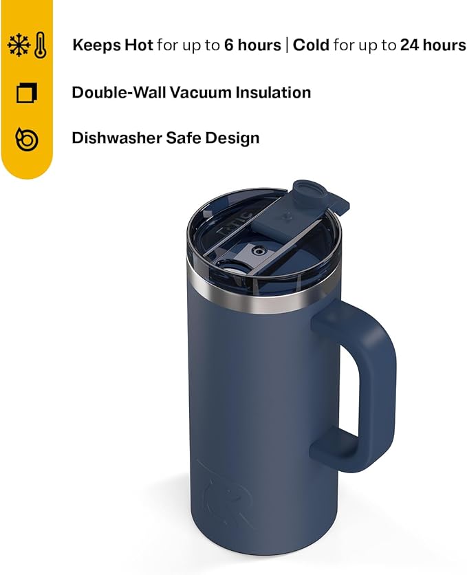 RTIC 16oz Road Trip Travel Mug with Lid and Handle, Ceramic Lined, Insulated, Stainless Steel, Metal, Double Wall Vacuum-Insulation, Portable Coffee, Tea Cup for Hot and Cold Drink, Navy