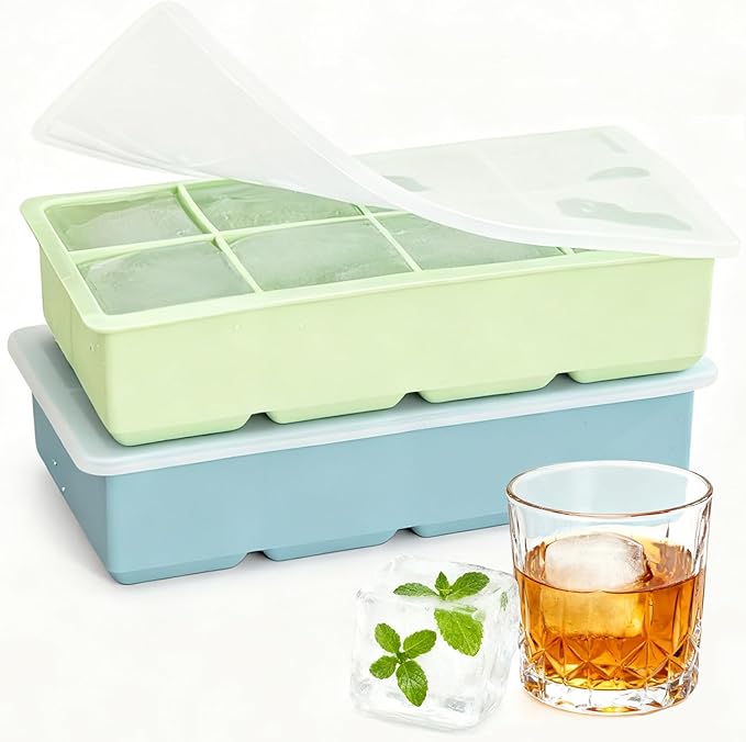 Large Square Ice Cube Molds (2-Pack),Silicone Ice Cube Trays for Freezer with Lid,Easy Release Stackable 2 inch Huge Cubed Ice Trays for Whisky