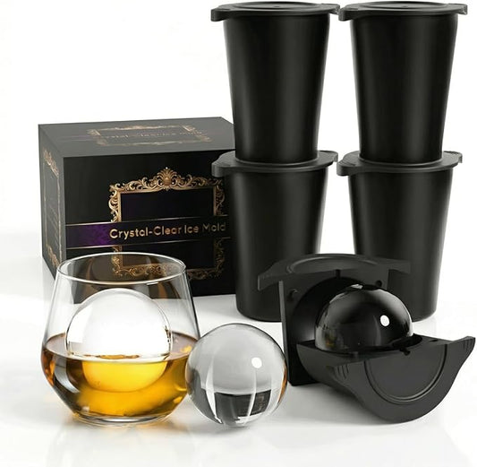 2.5" Clear Ice Ball Maker - Stainless Steel Sphere Ice Mold for Whiskey & Cocktails, Crystal Clear Round Ice Cube Tray with Easy-Release Silicone, Bourbon Gifts for Men, 4 Pack (Black)