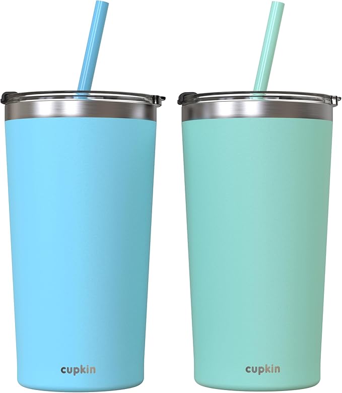 CUPKIN Stainless Steel Insulated Tumbler with Lid and Straw, 20 oz Stainless Steel Cups, Set of 2 Travel Coffee Mug for Adults, Iced Coffee Cup with Lid, Tumbler for Travel (Blue + Green)