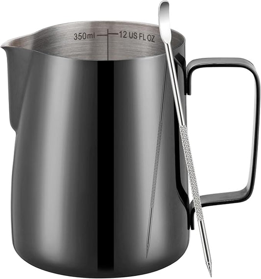 Amrules Milk Frothing Pitcher, 12 oz Milk Frother Cup with Clear Scale, 304 Stainless Steel Cappuccino Espresso Machine Accessories for Barista Coffee Bar with Latte Art Pen, Bright Black