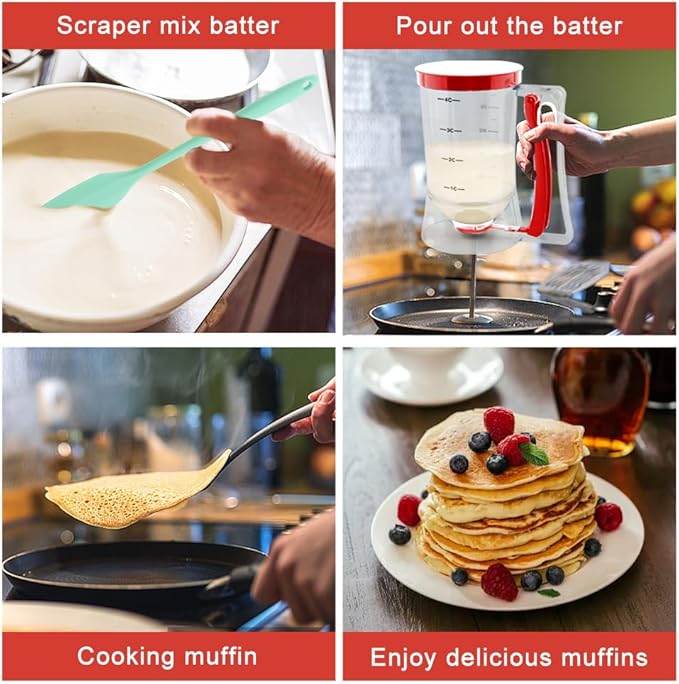 4 Cup Pancake Cupcake Batter Dispense With 900mL Measuring Label,and Silicone Oil Brush & Scraper, Cupcake Batters Dispenser for Cupcakes Crepes,Cake or Any Baked Goods(Red)