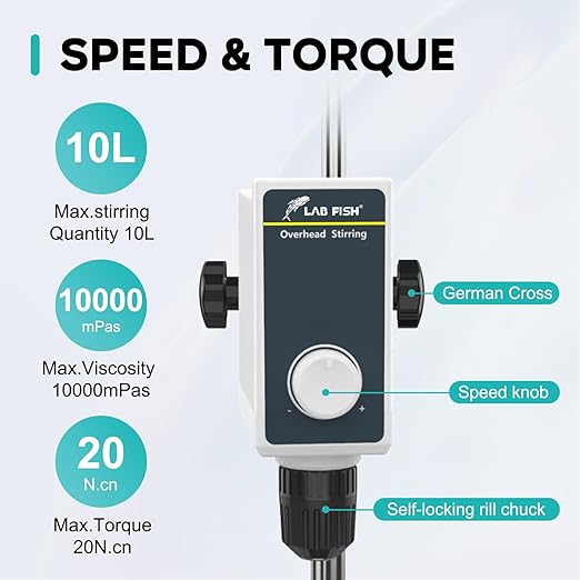 LAB FISH Laboratory Overhead Stirrer Lab Stirrer | Stirring Rod and Stainless Steel Stand | Mixer Adjustable Speed 100-1000RPM Capacity 10L 10000 mPas AC 100-240V