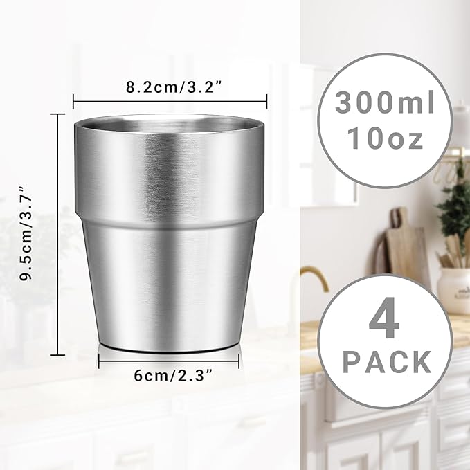Metal Cup, 10 oz Insulated Tumbler, 4 Pack Double Wall Unbreakable Stackable Water Tumblers Insulated Stainless Steel Cups Premium Drinking Glasses for Travel Camping Home Outdoor