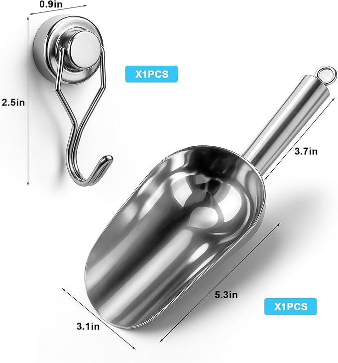 Stainless Steel Ice Scoop for Freezer with Magnetic Hook - Ice Scoop for GE Profile Opal 2.0 Nugget Ice Maker, for Kitchen Ice Bucket Bar Party Accessories(8OZ-Silver)