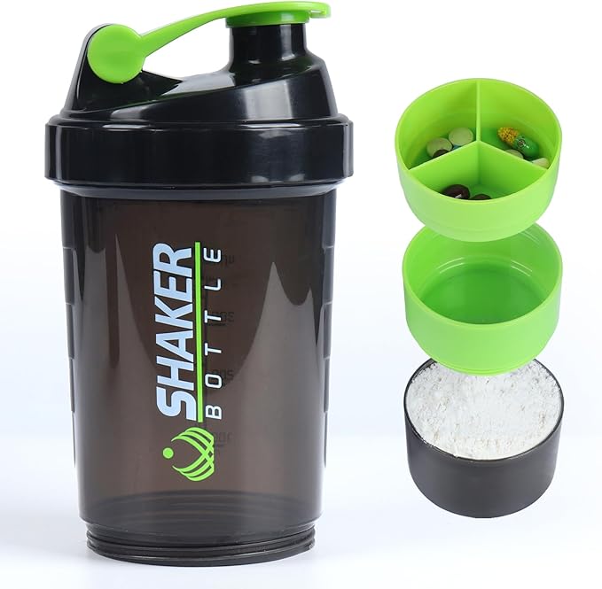 Protein Shaker Bottle,Sports Water Bottle,Leak Proof Shake Bottle For Protein Mixer,Non Slip 3 Layer Twist Off 3oz Cups with Pill Tray,Workout Shaker Bottle 16oz,Green