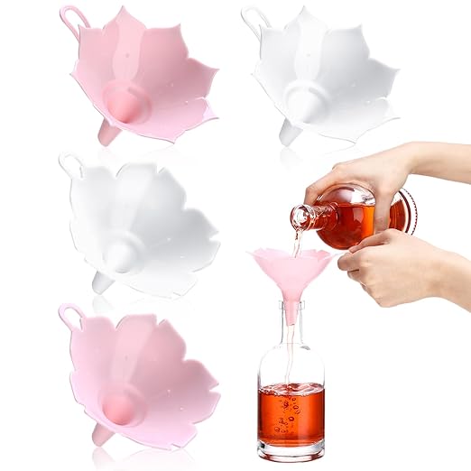 LemonRoad 4pcs Different Flower Plastic Kitchen Funnel Hangable Multi Purpose Pink White Lotus Cherry Blossom Shape Kitchen Funnels for Filling and Transferring Liquids, Spices, Particles