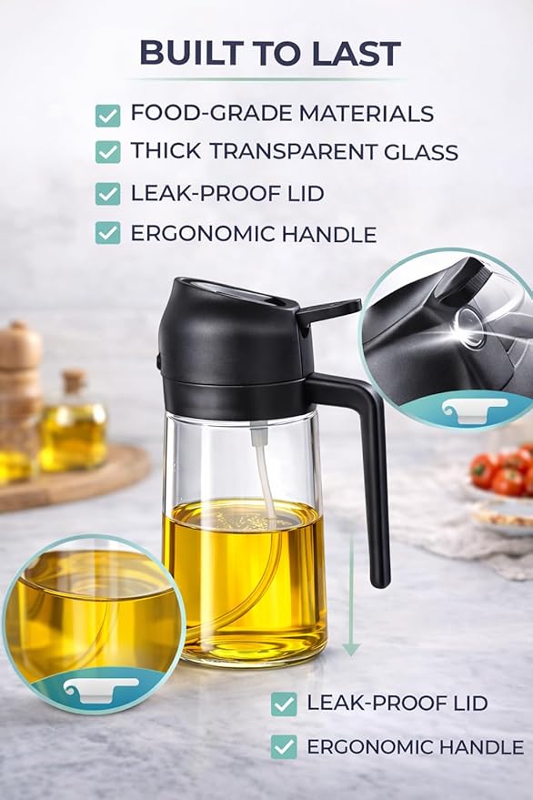 Olive Oil Sprayer for Cooking, 16oz/470ml Glass Oil Sprayer, 2-in-1 Oil Dispenser Bottle, Transparent Oil Mister for Air Fryer, Salad, Frying, Grilling & BBQ