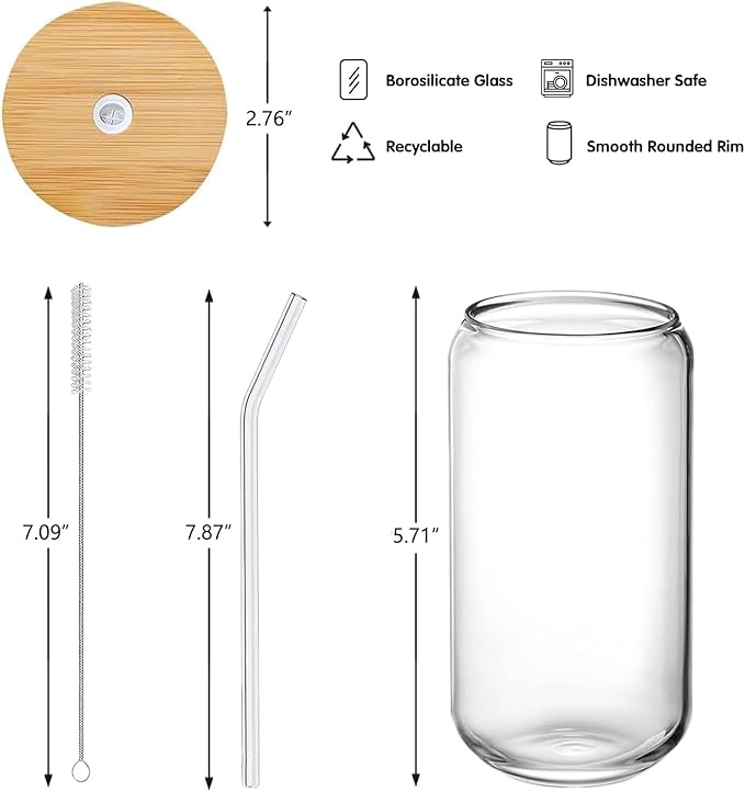 Glass Cups with Lids and Straws 2Pcs,Cute Glass Cups for Iced Coffee Smoothies Whiskey Matcha Mojito Soda,16 Oz,2 Brush