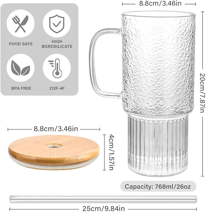 32oz Ribbed Glass Cup with Handle Lid and Straw，Borosilicate Glass Tumblers, Iced Coffee Cups Modern Glass Mug Hot/Cold Drinks for Smoothies, Tea, and Juice (32oz-2PACKwithBamboolid-new)
