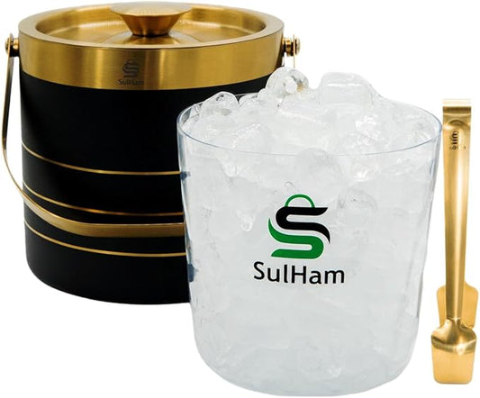 3L - Double-walled stainless Steel Ice Bucket with lid, Ice Tong and Inner Bucket for parties, cocktail bars and indoor and outdoor parties