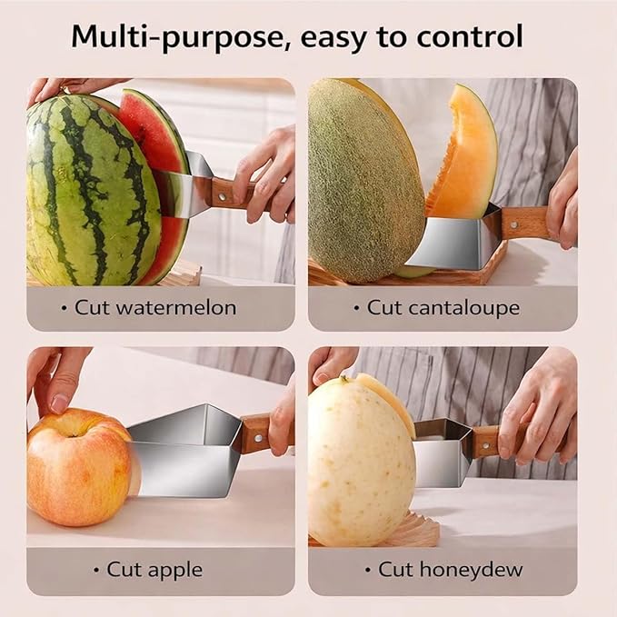 Triangle Watermelon Cutter, Stainless Steel Watermelon Slicer with Wooden Handle, Handheld Fruit Cutter for Kitchen Gadgets, Portable for Summer Camping, Picnics, Home, Parties for Fruit, Cake (3PCS)