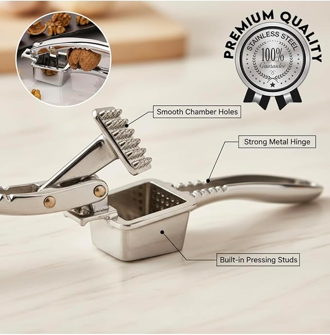 4-in-1 Stainless Steel Finish Garlic Press, Crusher, Mincer, Nut Cracker, Herb Plucker, Bottle Opener, Zinc Alloy Kitchen Tool