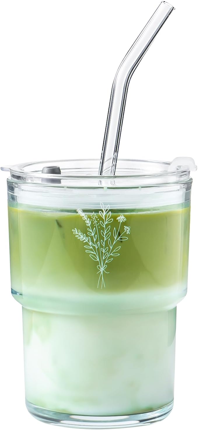 Olvini 13oz Glass Tumbler with Straw and Lid, Reusable Iced Coffee Cup Tumbler, Cute Glass Cups for Water, Matcha, Travel Coffee Mugs (Wildflower- 13oz)