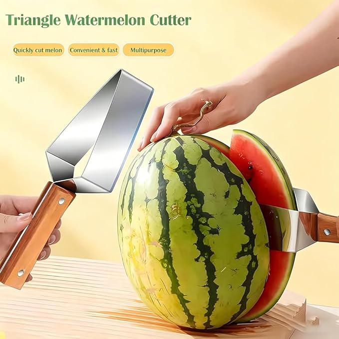 2026 Upgraded Triangle Watermelon Cutter, Thickened Stainless Steel Quick Watermelon Slicer Cutter Tool, with Ergonomic Wooden Handle Design for a Variety of Fruits (3PCS)