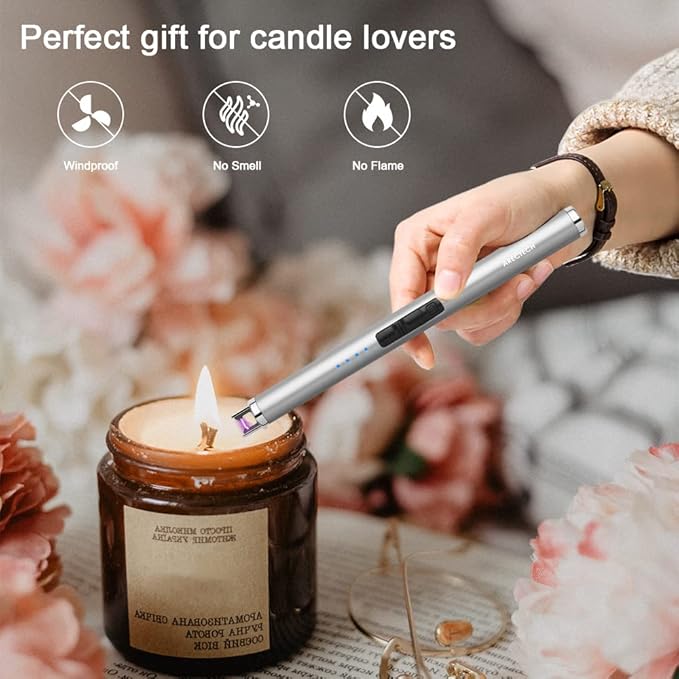 ARECTECH Rechargeable Electric Candle Lighter, Christmas Stocking Stuffers Gifts for Mom Men Wife, Arc Plasma Windproof Lighter for Candle Kitchen Birthday with Type-C Cable, Silver 2 Pack