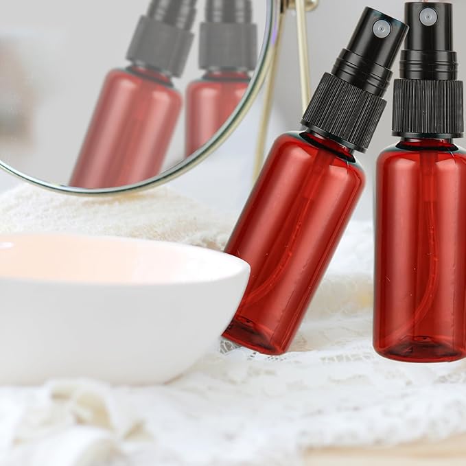 60PCS 1 oz Amber Spray Bottles for Essential Oils Small Plastic Spray Bottle with Funnel & Stickers Refillable 1oz Empty Mini Mister Spray Bottle for Travel Cleaning Beauty