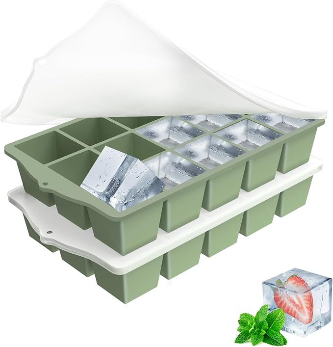 Ice Cube Trays for Freezer, 2 Pack Easy Release Slicone Ice Cube Tray with Lid, BPA Free Stackable Flexible Ice Molds 15 Square Reusable Ice Cubes for Whiskey, Baby Food, Iced Coffee (Green)