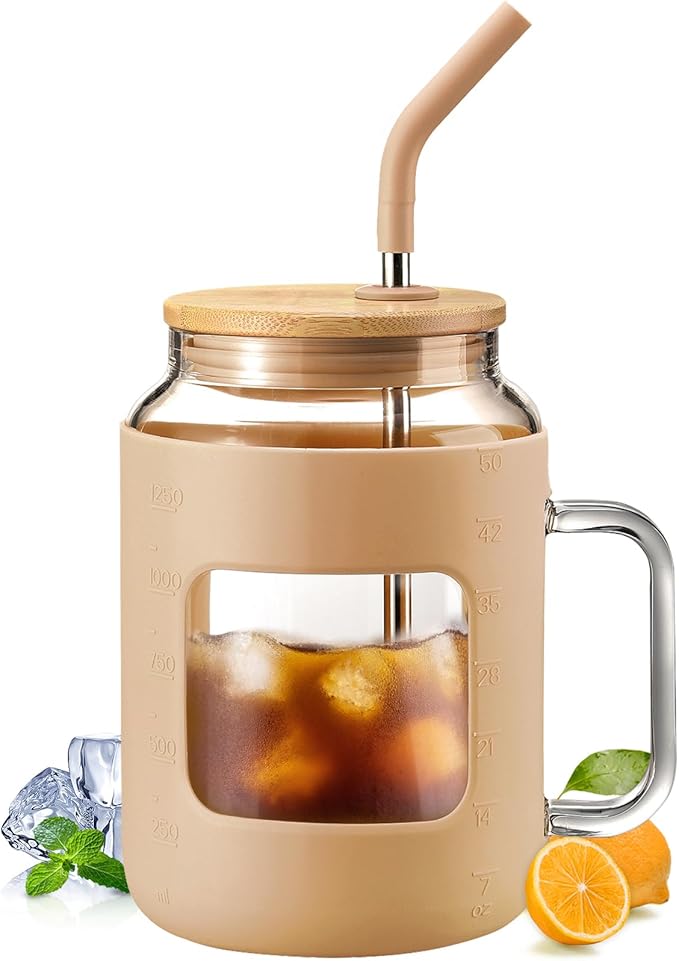 WINSA 50 oz Glass Water Bottles with Silicone Sleeve,Glass Tumbler with Lid and Straw,Iced Coffee Cup with Handle,BPA Free-Amber