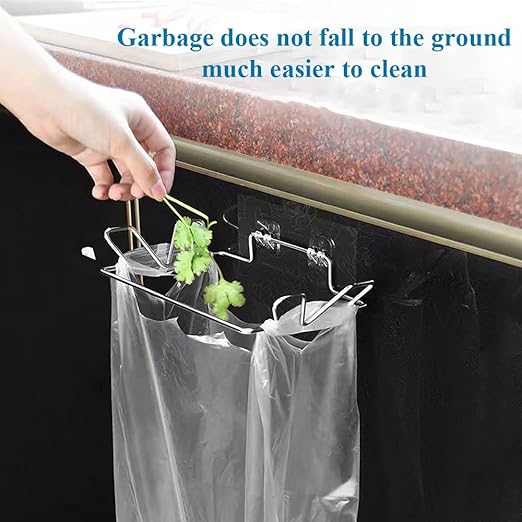 Trash Bag Holder for Cabinet Doors & Cupboards, Wall Mount Garbage Bag Holder with Adhesive Base Sticker Stainless Steel Under Sink Bag Holder Plastic Bag Holder for Kitchen Trash Can Bag Holder