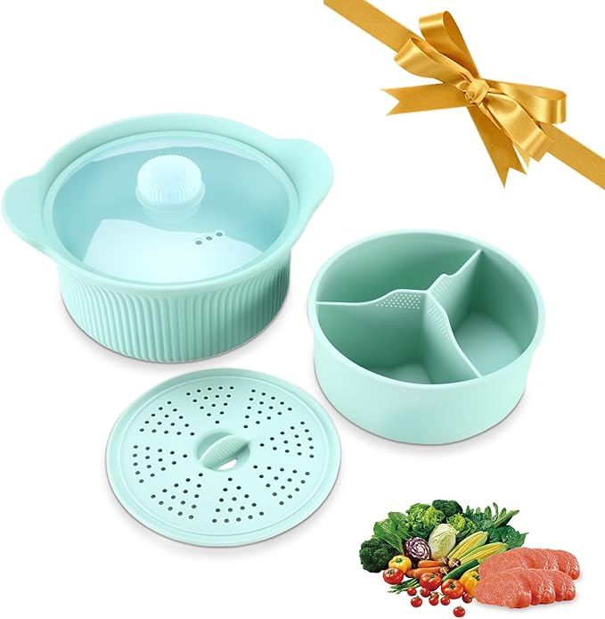 Microwave Vegetable Steamer, Silicone Microwave Cooker, Vegetable Basket for Broccoli, Rice, Eggs & Baby Food, Double Layer Food Cooker, Healthy Cooking, Dishwasher Safe
